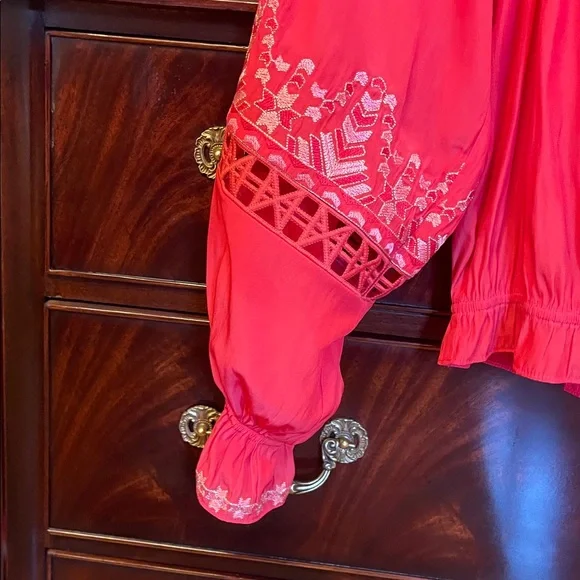 Ramy Brook Vibrant Red Blouse with Embroidered Sleeves, MEDIUM - Picture 3 of 8